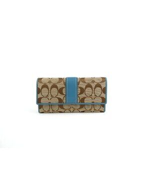 Coach Signature Khaki Blue Trifold Checkbook Wallet